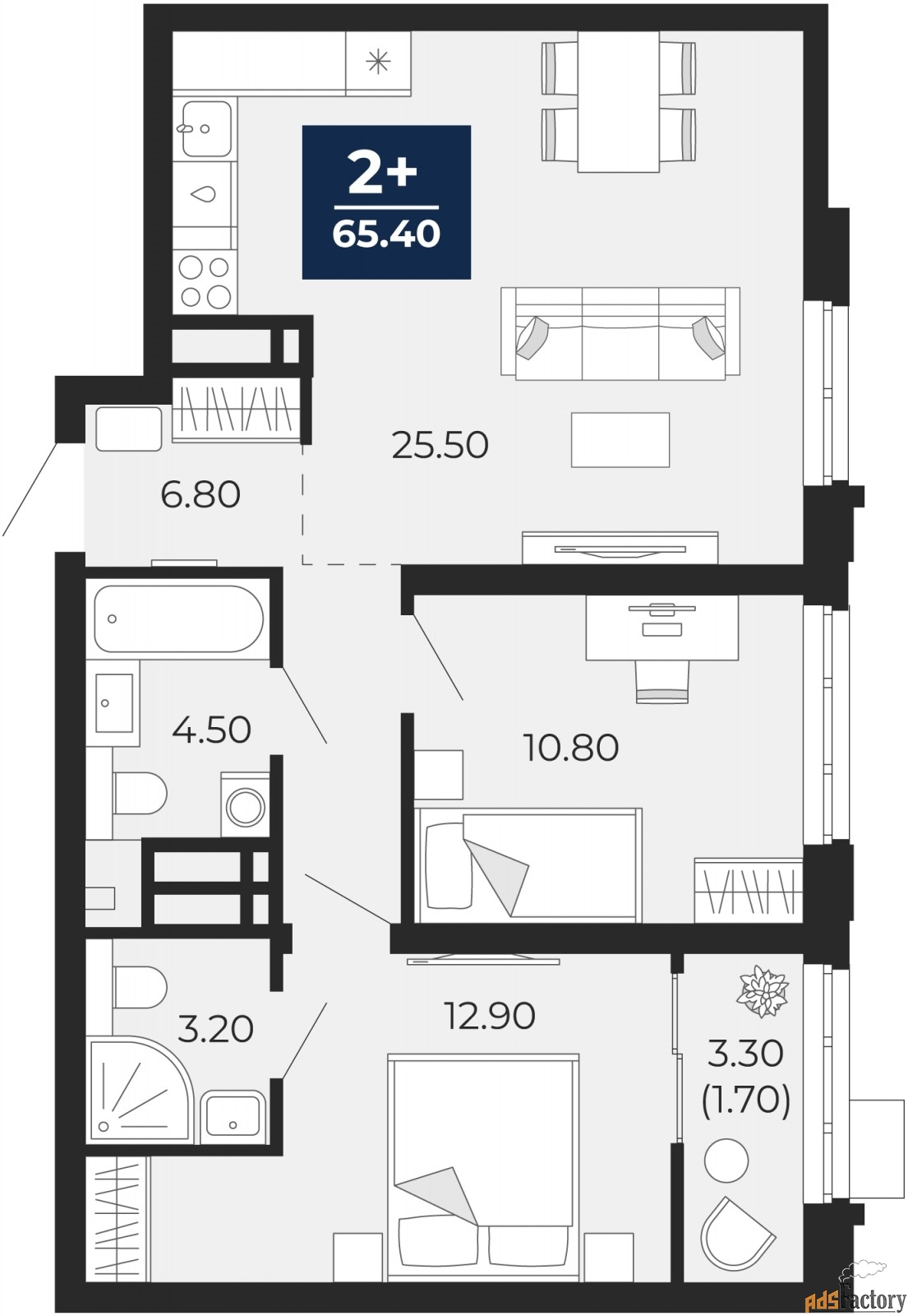 2 - комн. квартира, 65.4 м², 21/24 эт.
