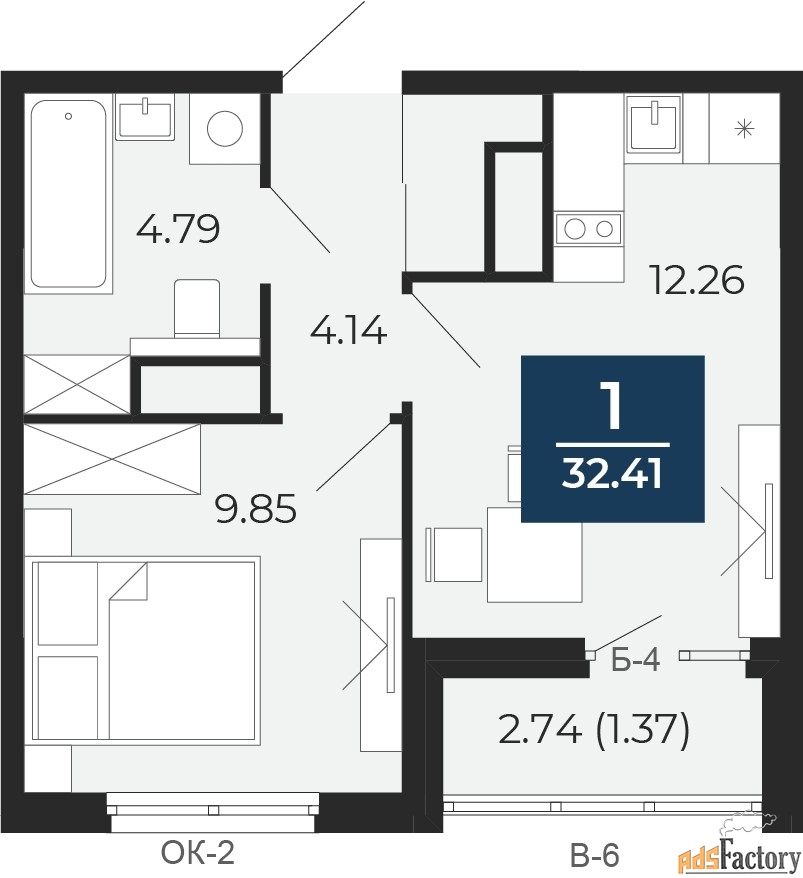 1 - комн. квартира, 32.41 м², 4/17 эт.