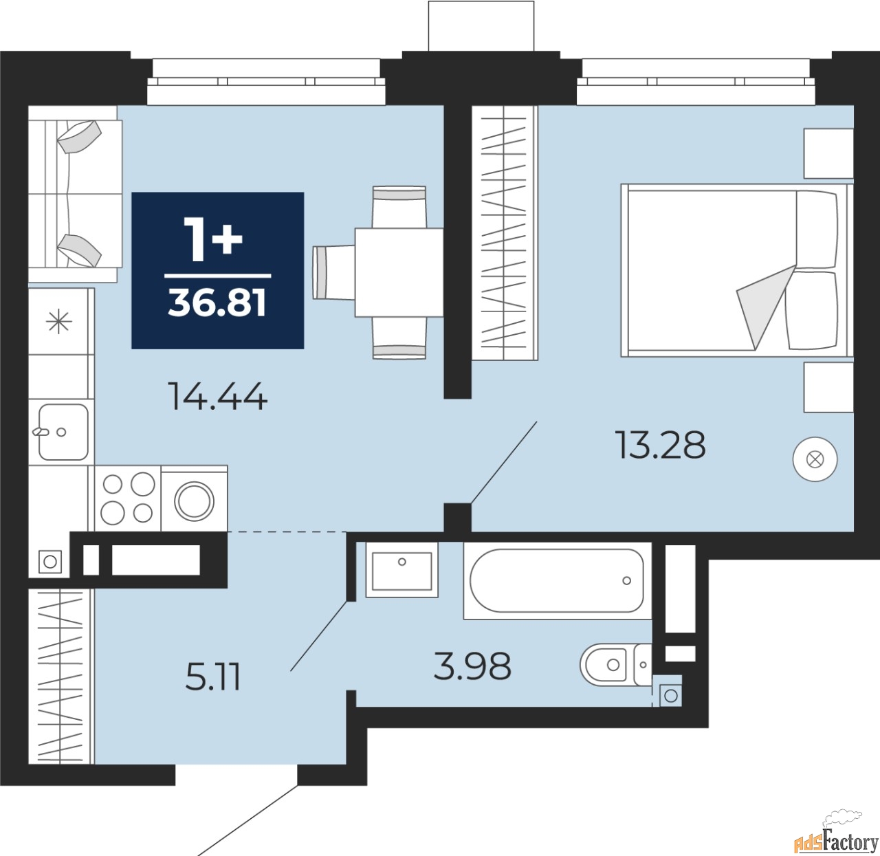 1 - комн. квартира, 36.81 м², 2/9 эт.