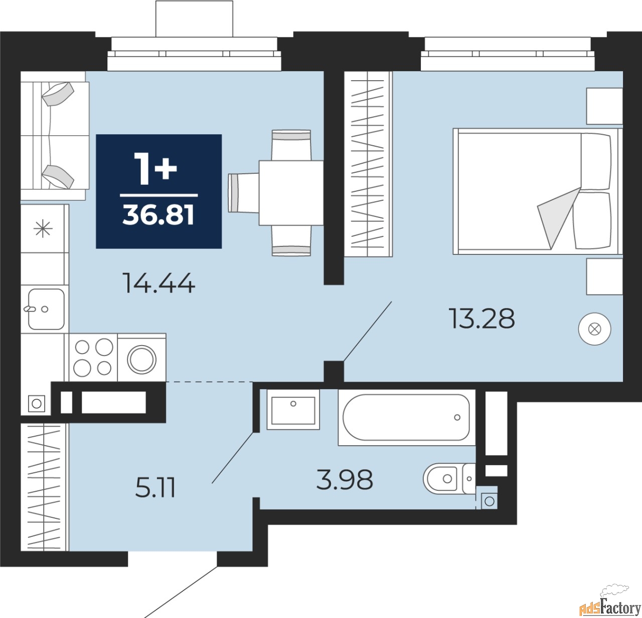 1 - комн. квартира, 36.81 м², 3/9 эт.