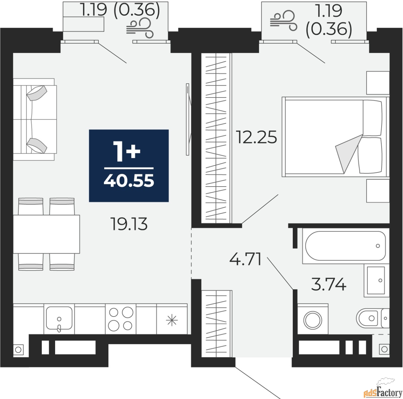 1 - комн. квартира, 40.55 м², 5/9 эт.