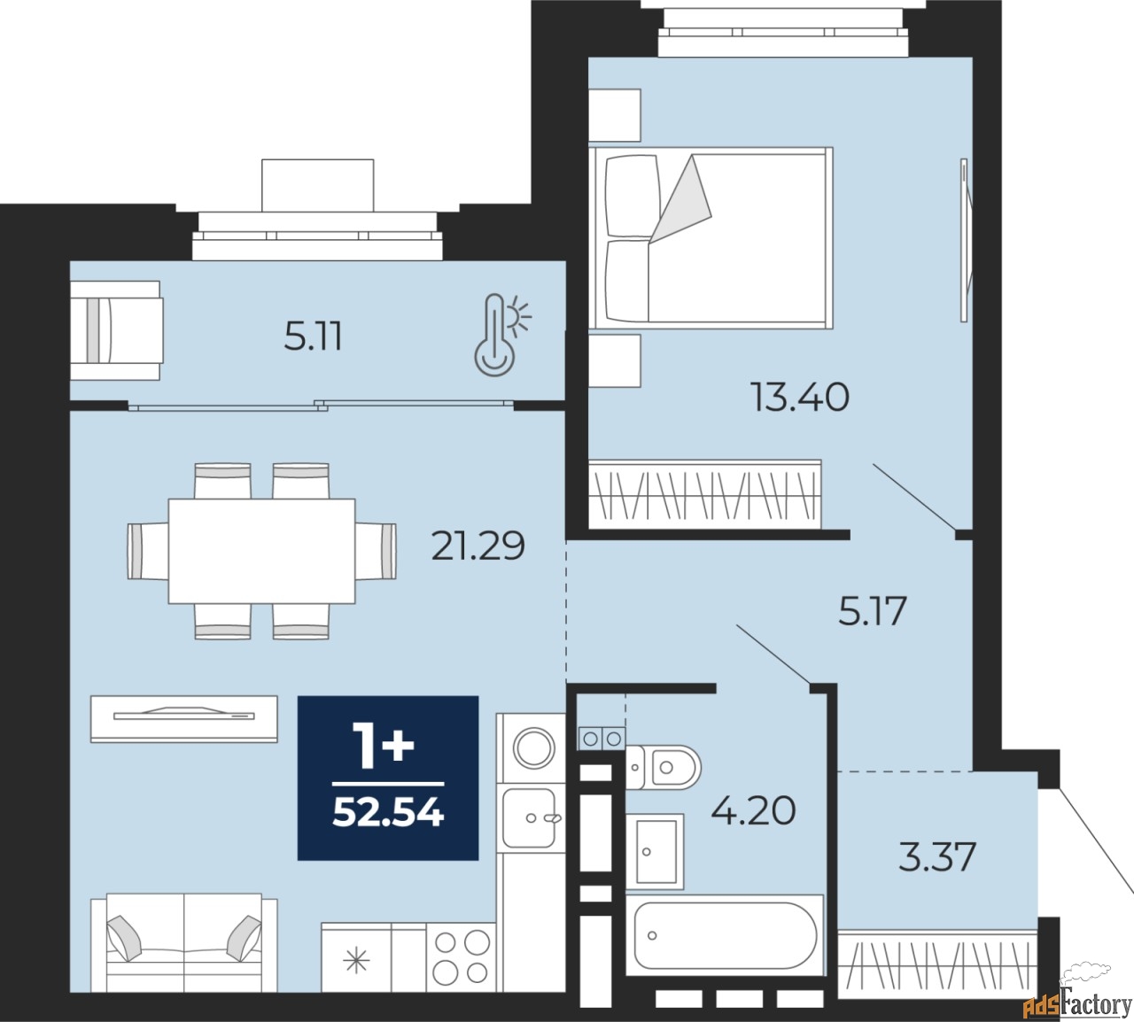 1 - комн. квартира, 52.54 м², 9/9 эт.