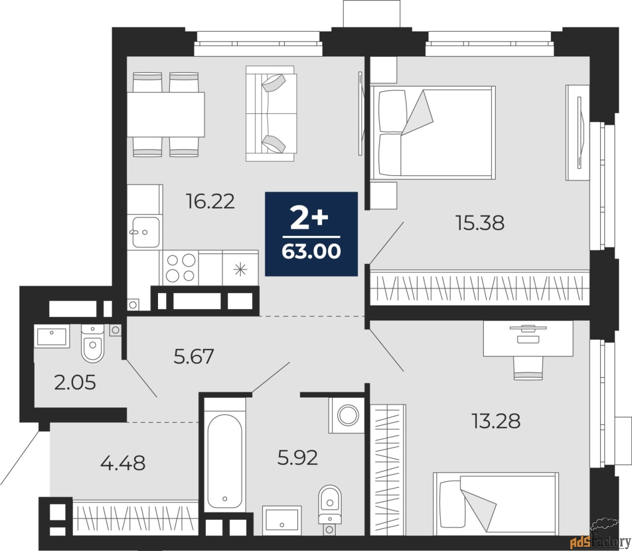 2 - комн. квартира, 63 м², 2/9 эт.