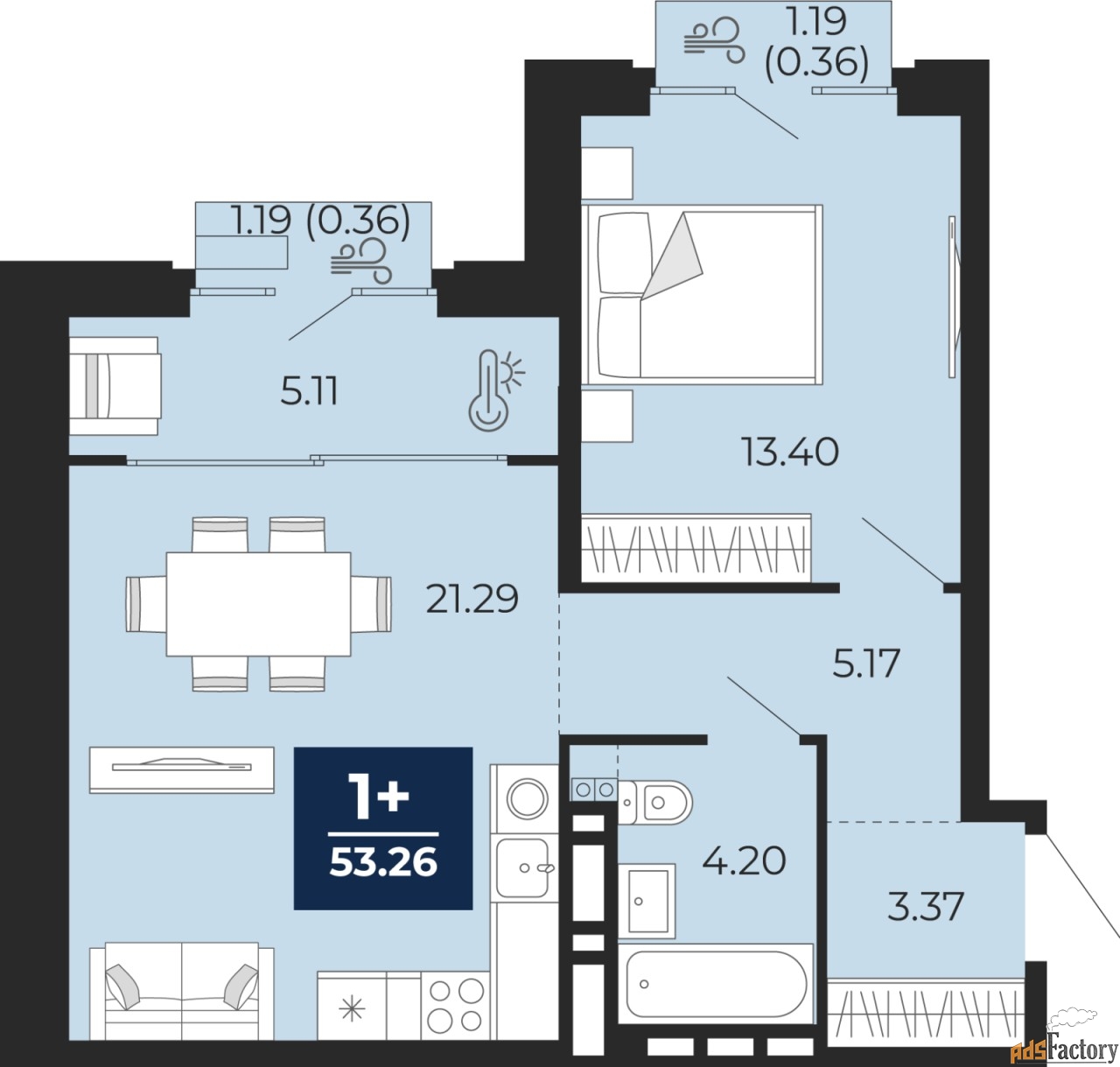 1 - комн. квартира, 53.26 м², 5/9 эт.