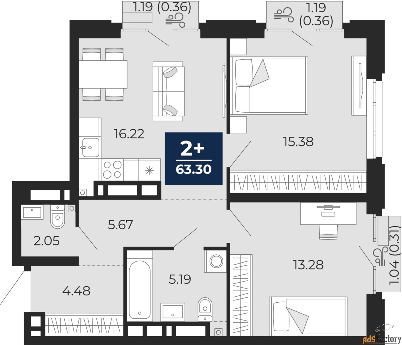 2 - комн. квартира, 63.3 м², 5/9 эт.