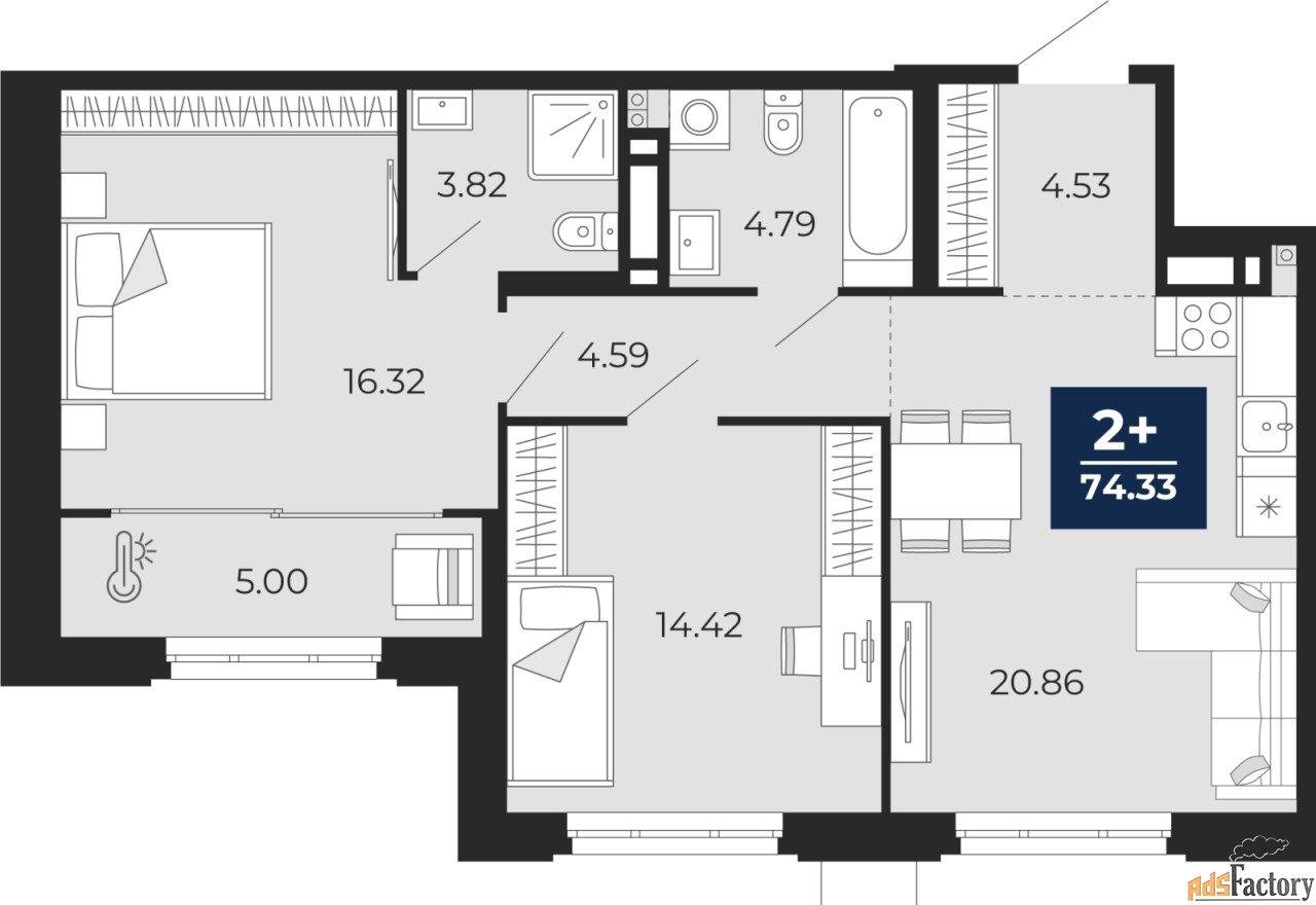 2 - комн. квартира, 74.33 м², 2/9 эт.