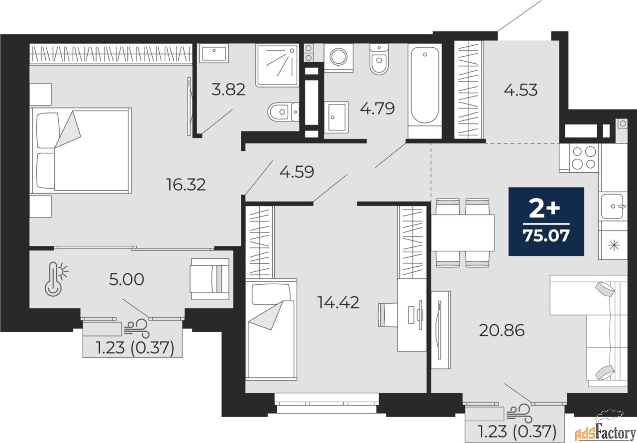 2 - комн. квартира, 75.07 м², 5/9 эт.