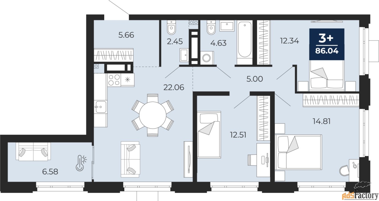 3 - комн. квартира, 86.04 м², 9/9 эт.