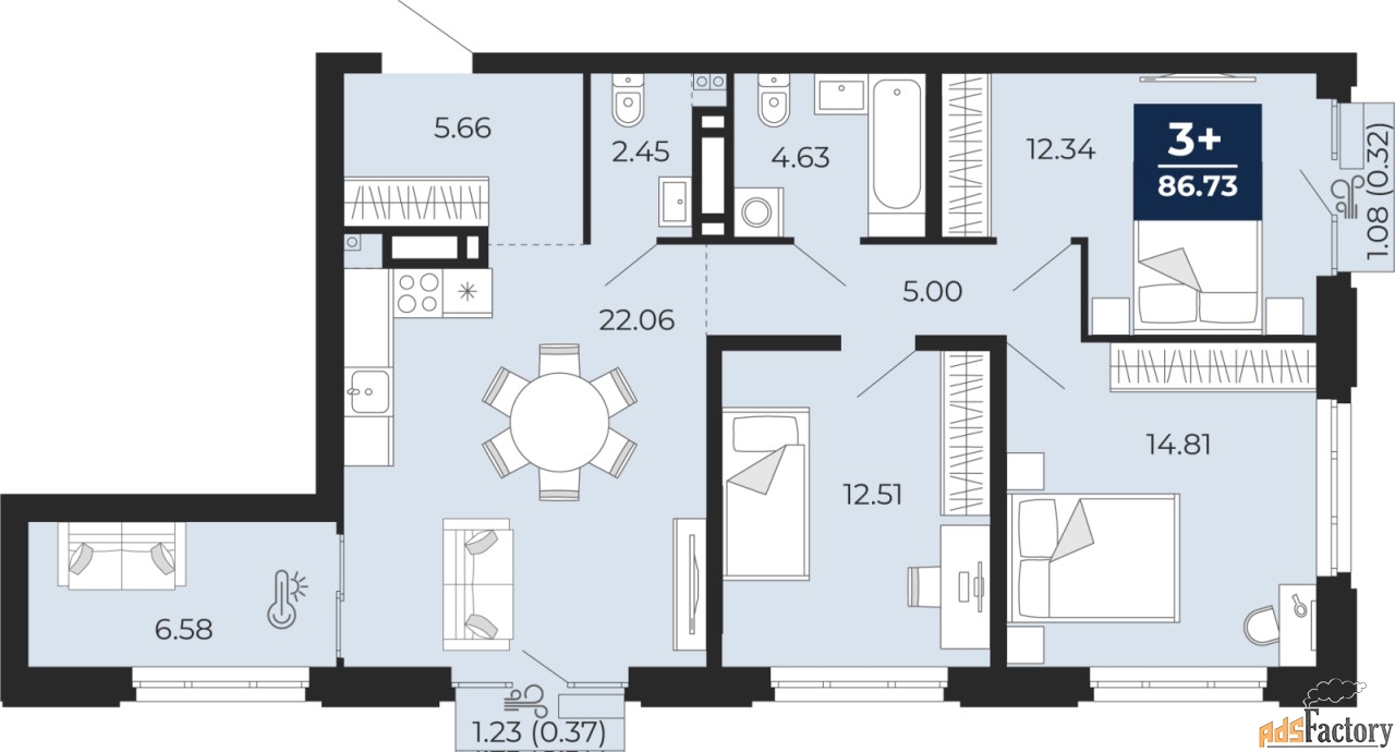 3 - комн. квартира, 86.73 м², 5/9 эт.