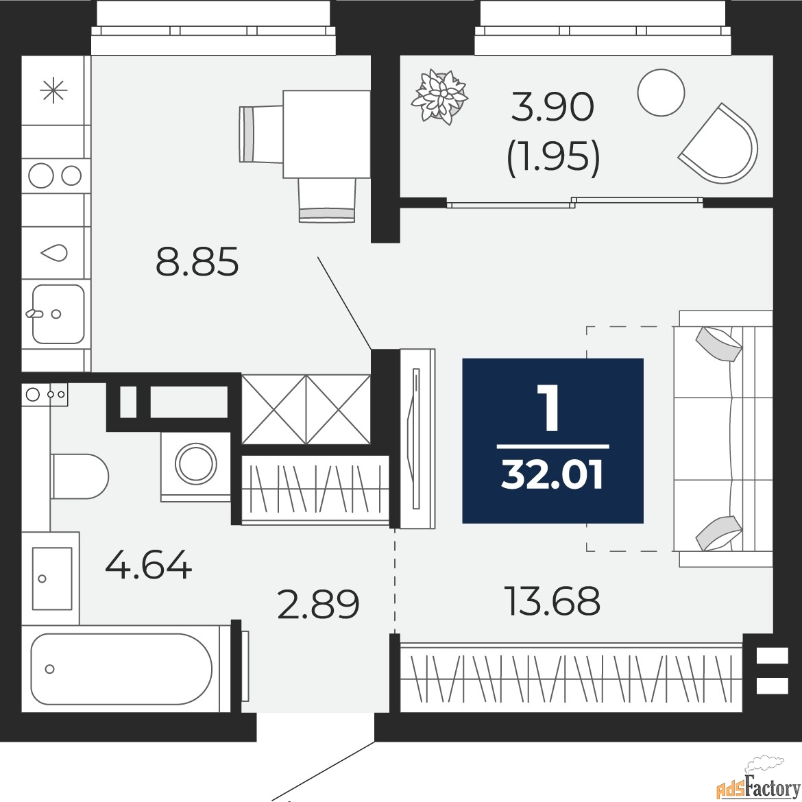 1 - комн. квартира, 32.01 м², 6/16 эт.