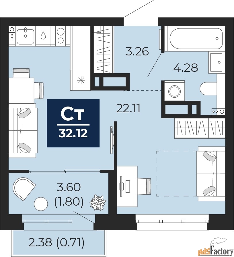 1 - комн. квартира, 32.12 м², 8/9 эт.