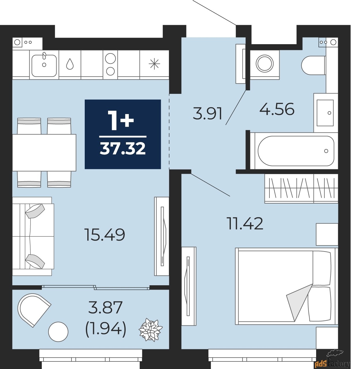 1 - комн. квартира, 37.32 м², 6/17 эт.