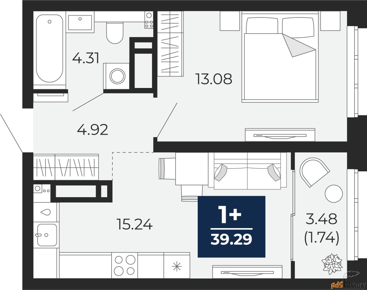 1 - комн. квартира, 39.29 м², 8/22 эт.