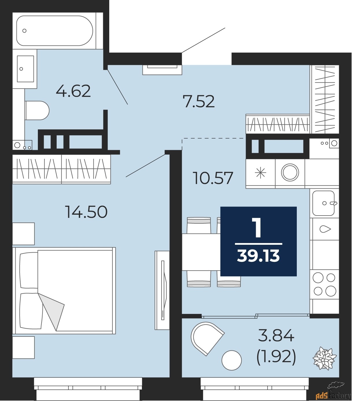 1 - комн. квартира, 39.13 м², 21/21 эт.