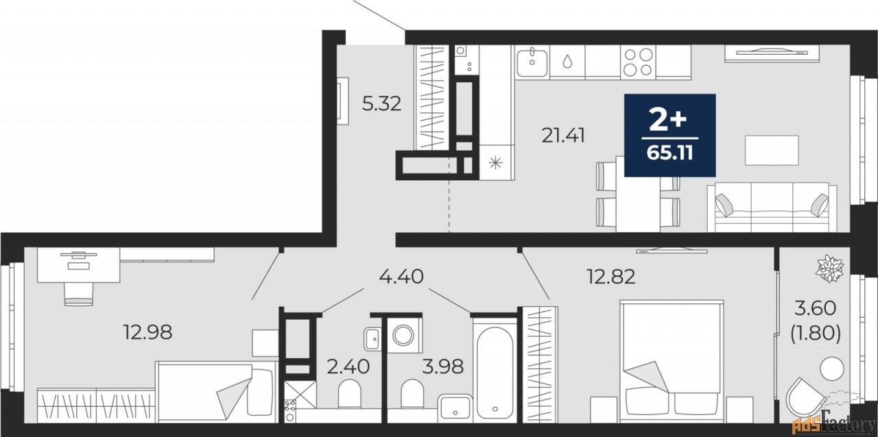 2 - комн. квартира, 65.11 м², 11/22 эт.