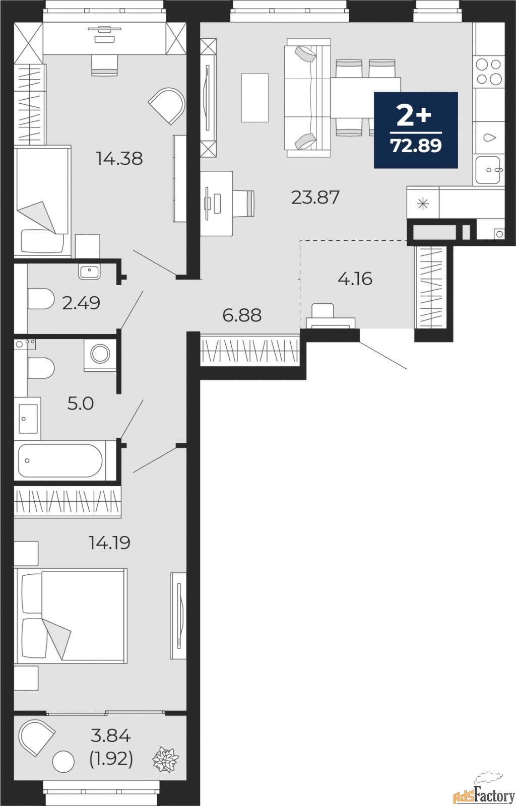2 - комн. квартира, 72.89 м², 2/21 эт.