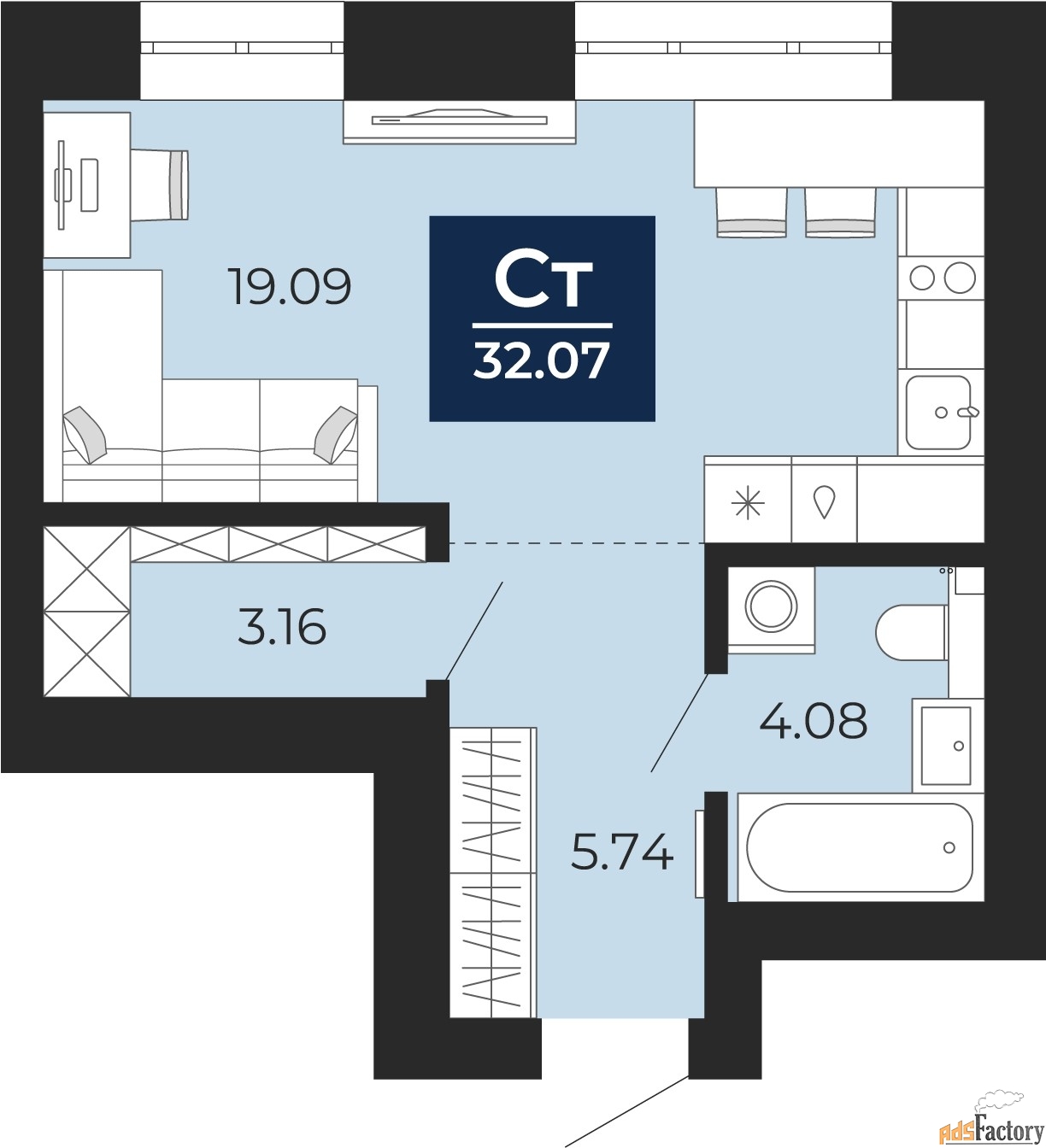 1 - комн. квартира, 32.07 м², 7/10 эт.