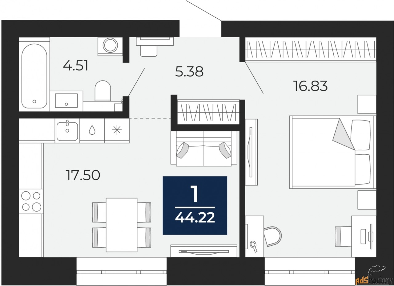 1 - комн. квартира, 44.22 м², 2/12 эт.