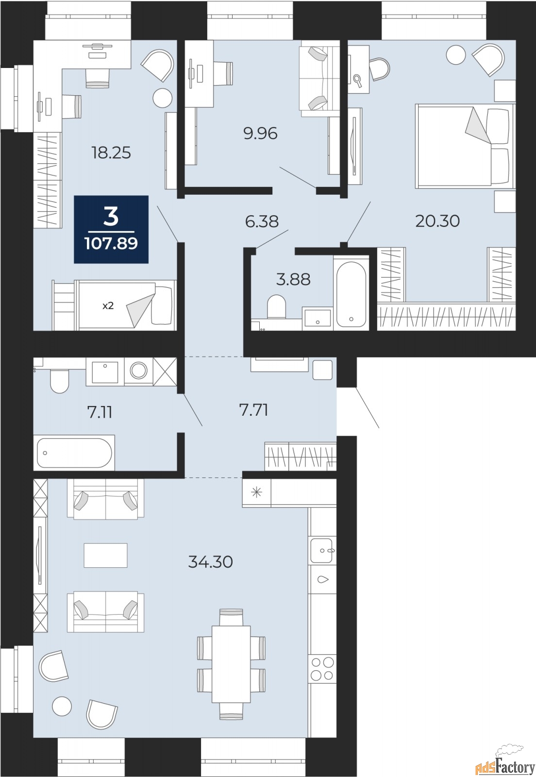 3 - комн. квартира, 107.89 м², 2/10 эт.
