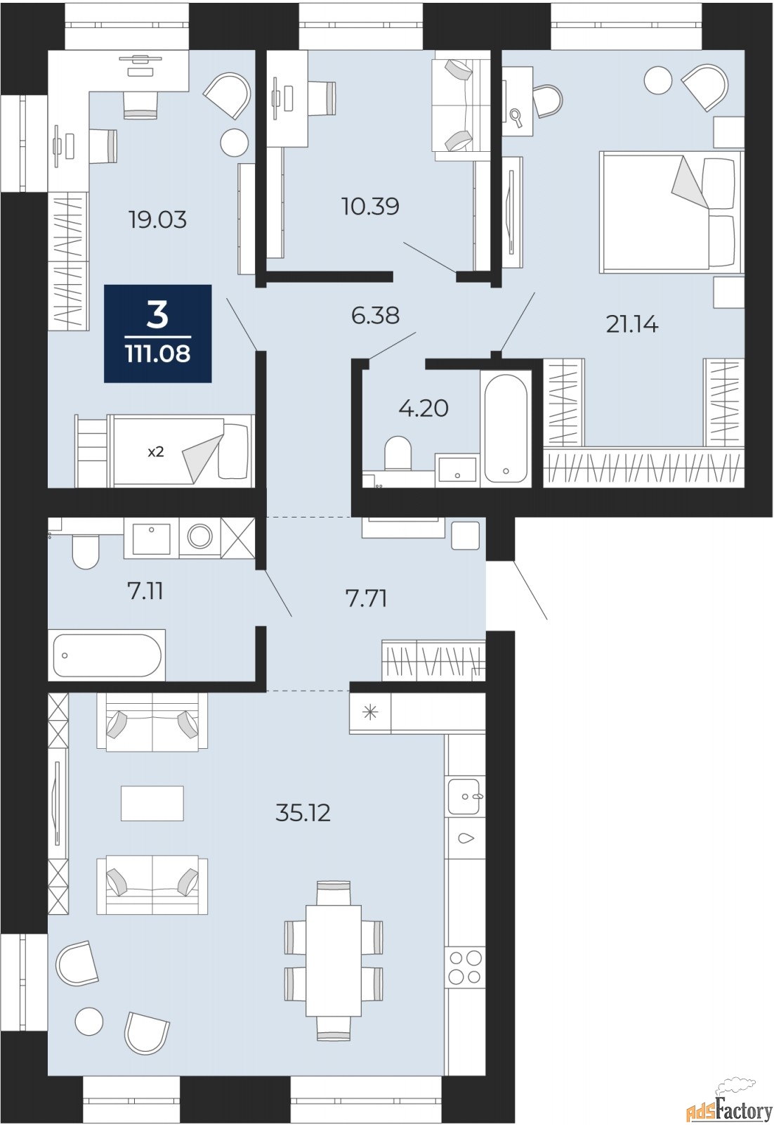 3 - комн. квартира, 111.08 м², 5/10 эт.