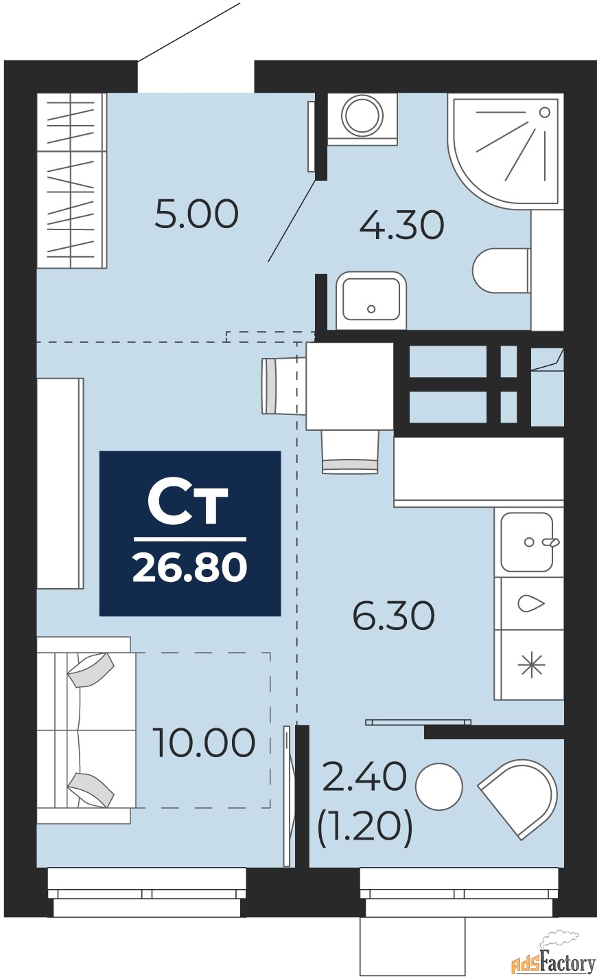 1 - комн. квартира, 26.8 м², 15/18 эт.