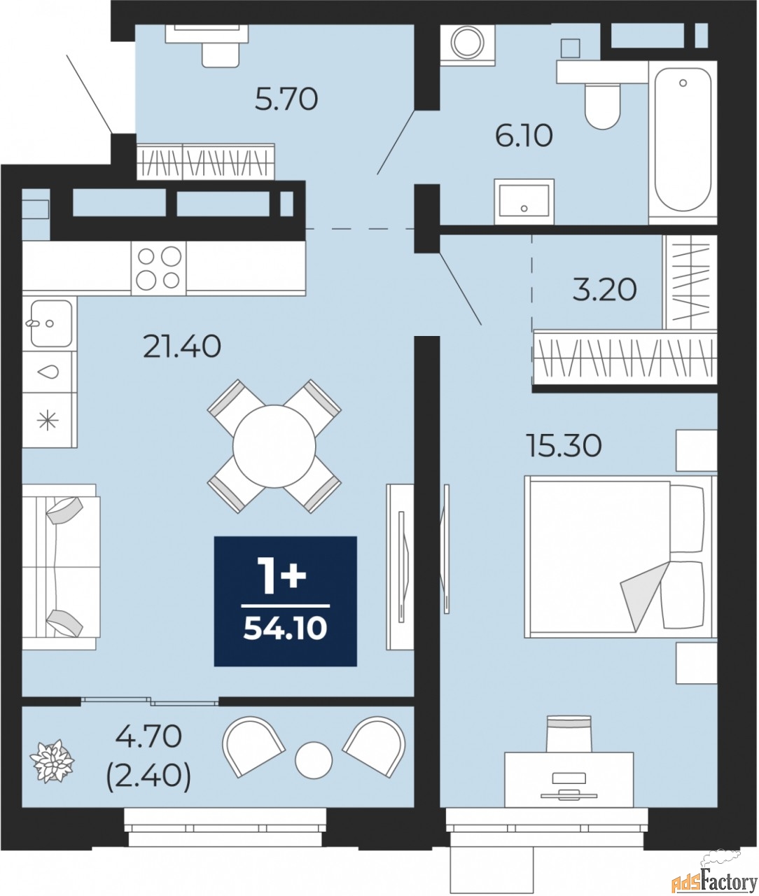 1 - комн. квартира, 54.1 м², 8/24 эт.