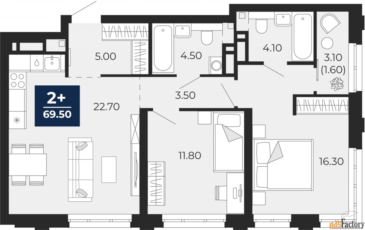 2 - комн. квартира, 69.5 м², 3/24 эт.