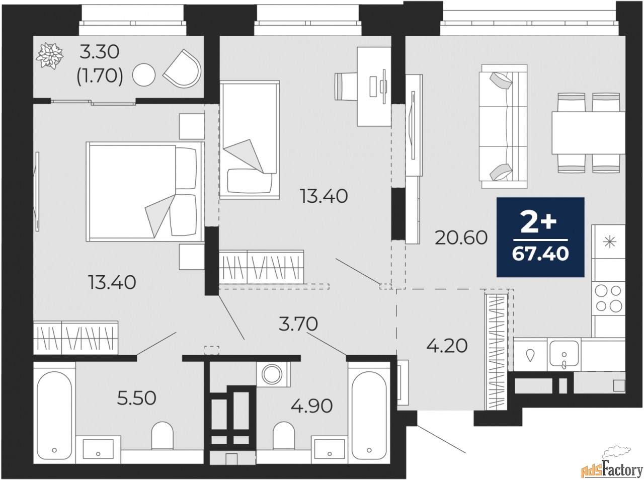 2 - комн. квартира, 67.4 м², 10/18 эт.