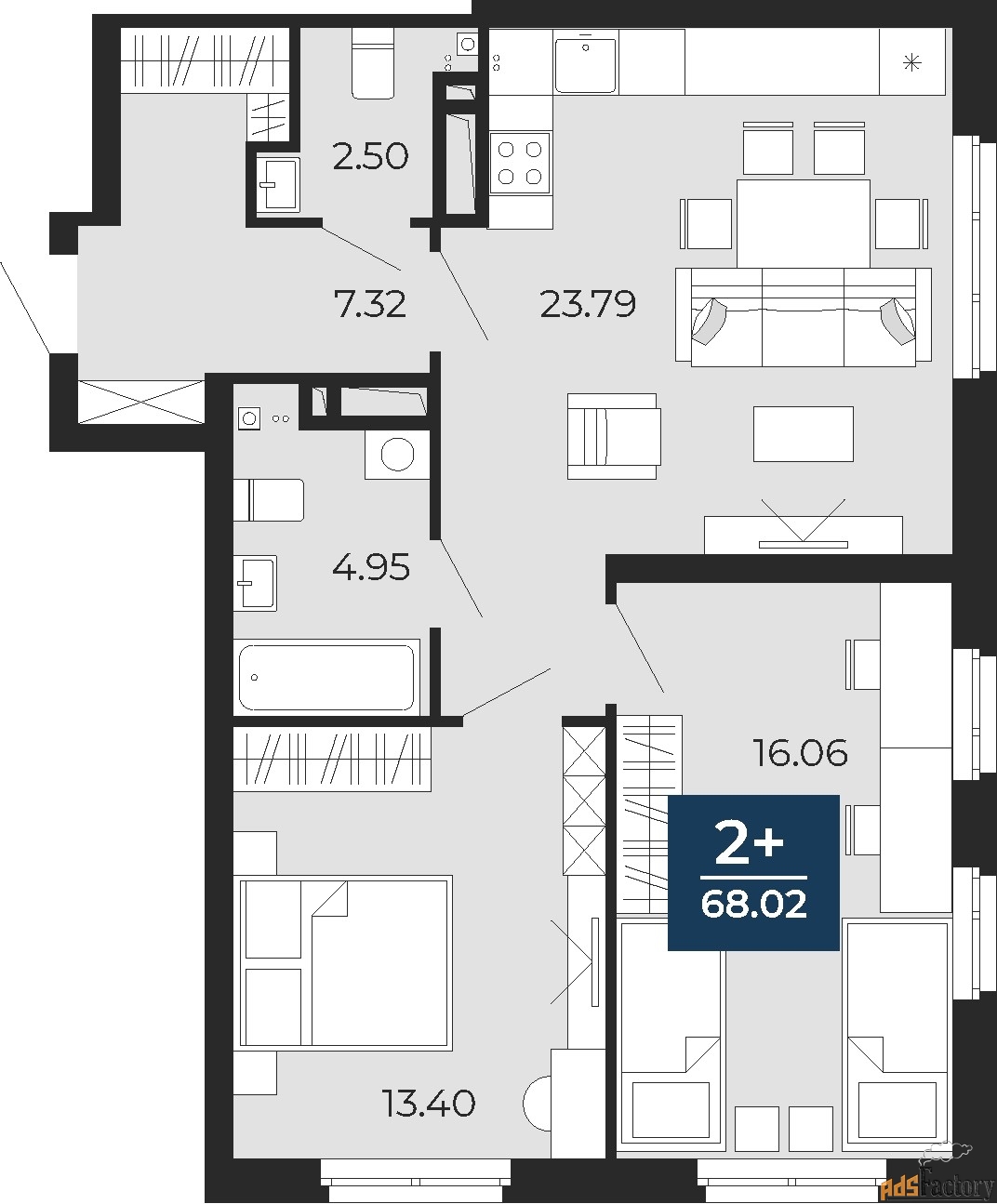 2 - комн. квартира, 68.02 м², 15/24 эт.