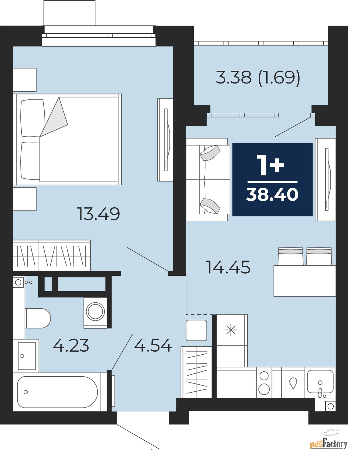 1 - комн. квартира, 38.4 м², 16/23 эт.