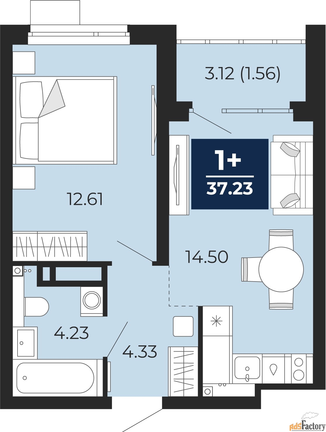 1 - комн. квартира, 37.23 м², 17/22 эт.