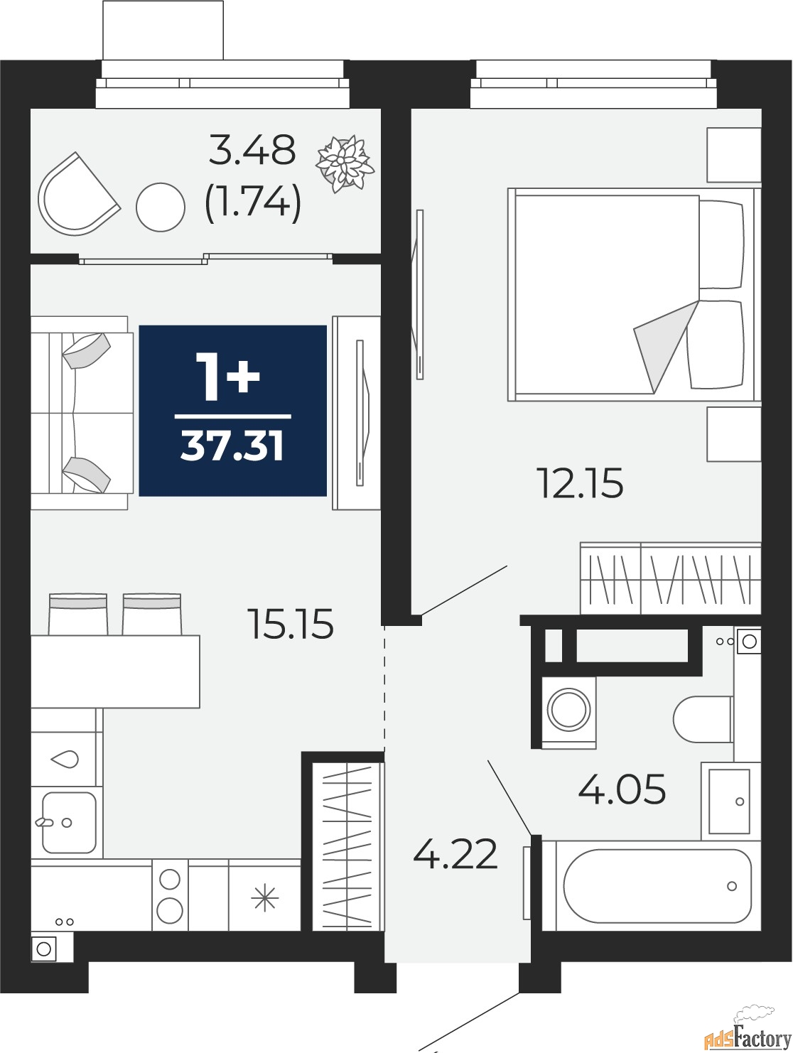 1 - комн. квартира, 37.31 м², 17/22 эт.