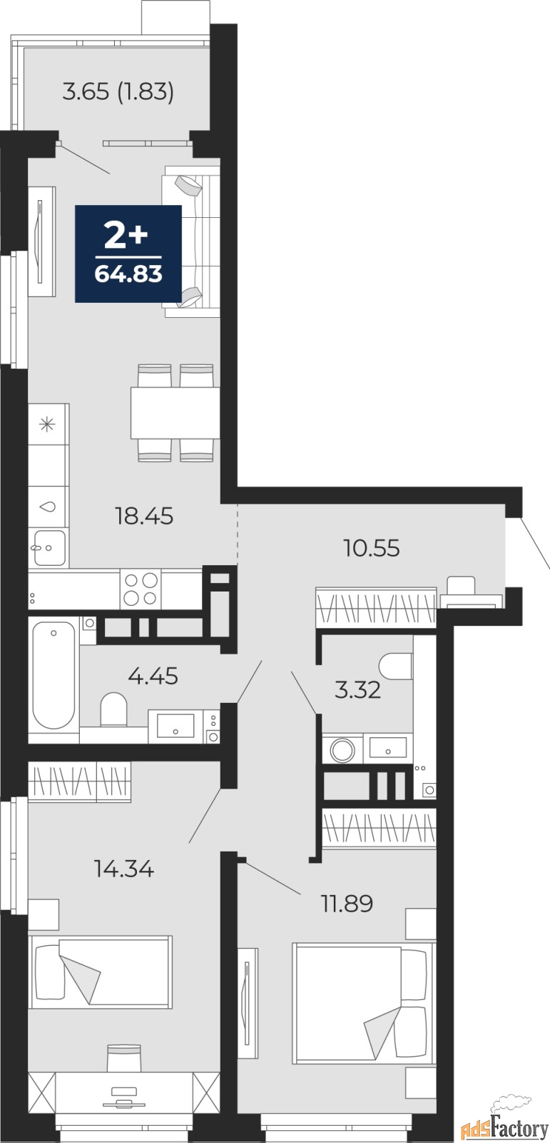 2 - комн. квартира, 64.83 м², 10/22 эт.