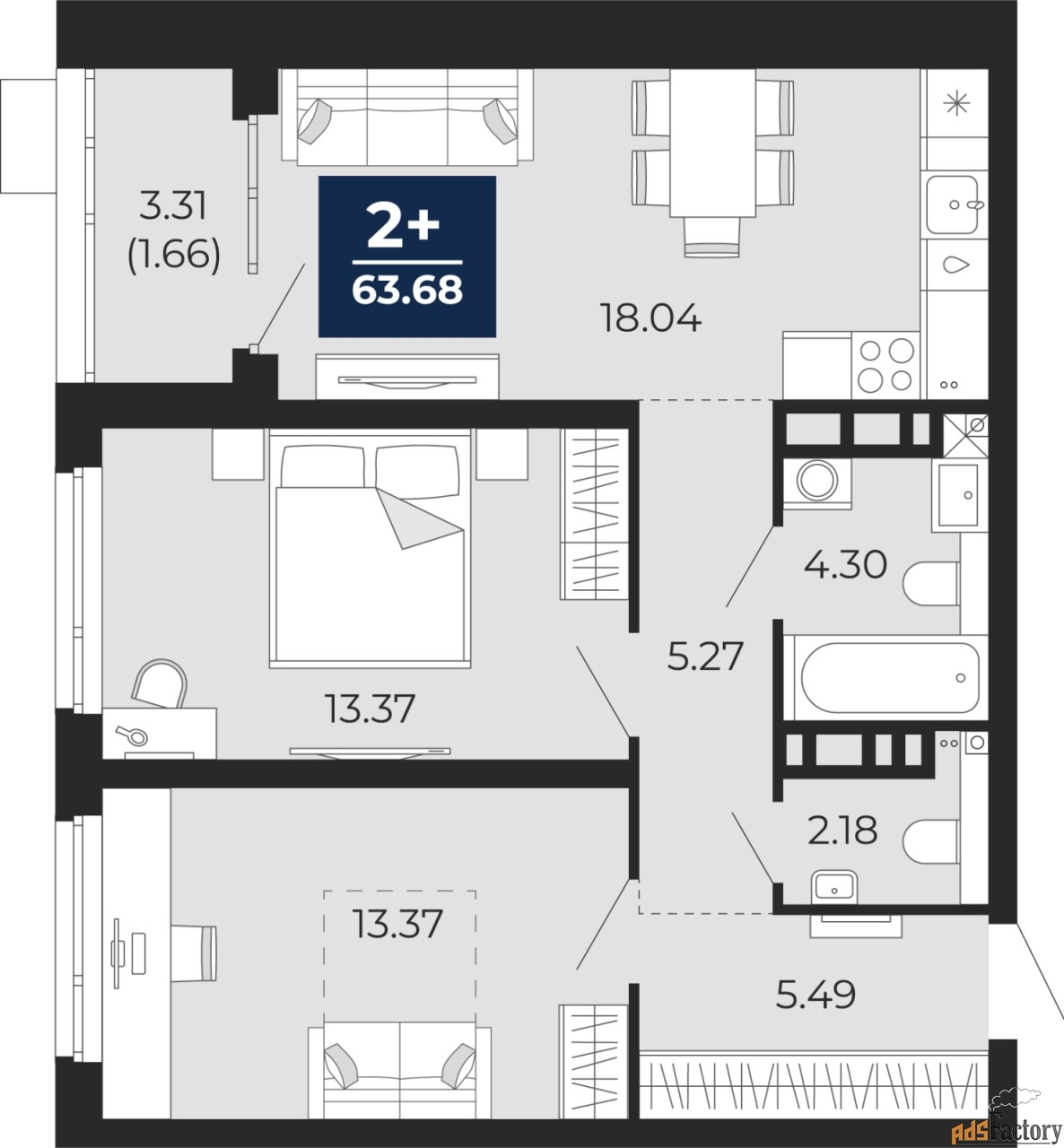 2 - комн. квартира, 63.68 м², 10/22 эт.