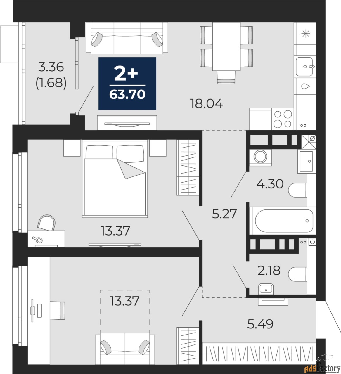 2 - комн. квартира, 63.68 м², 11/22 эт.