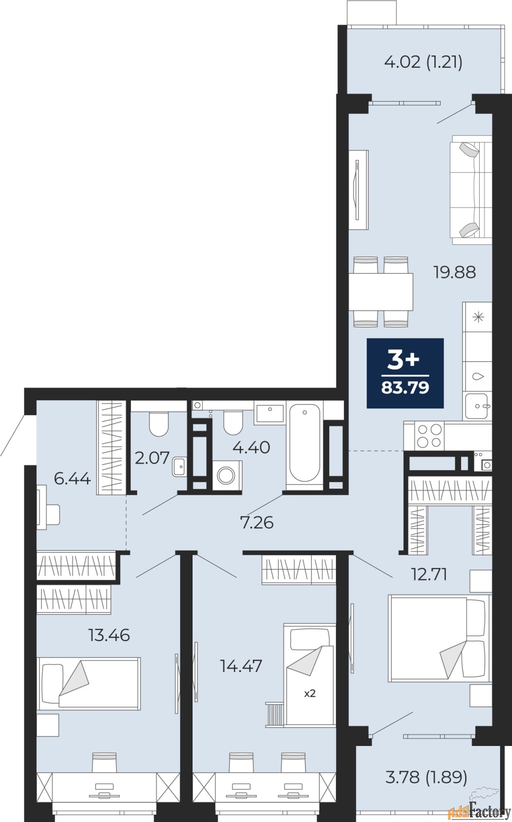 3 - комн. квартира, 83.79 м², 17/23 эт.