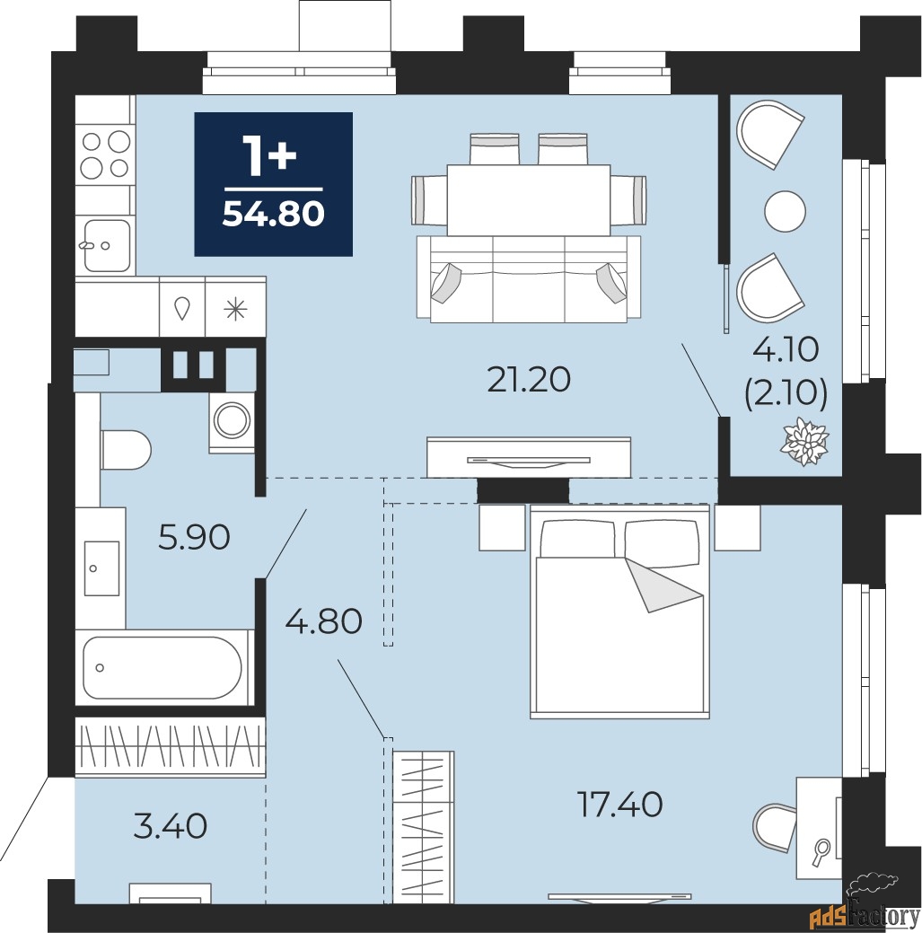 1 - комн. квартира, 54.8 м², 2/18 эт.