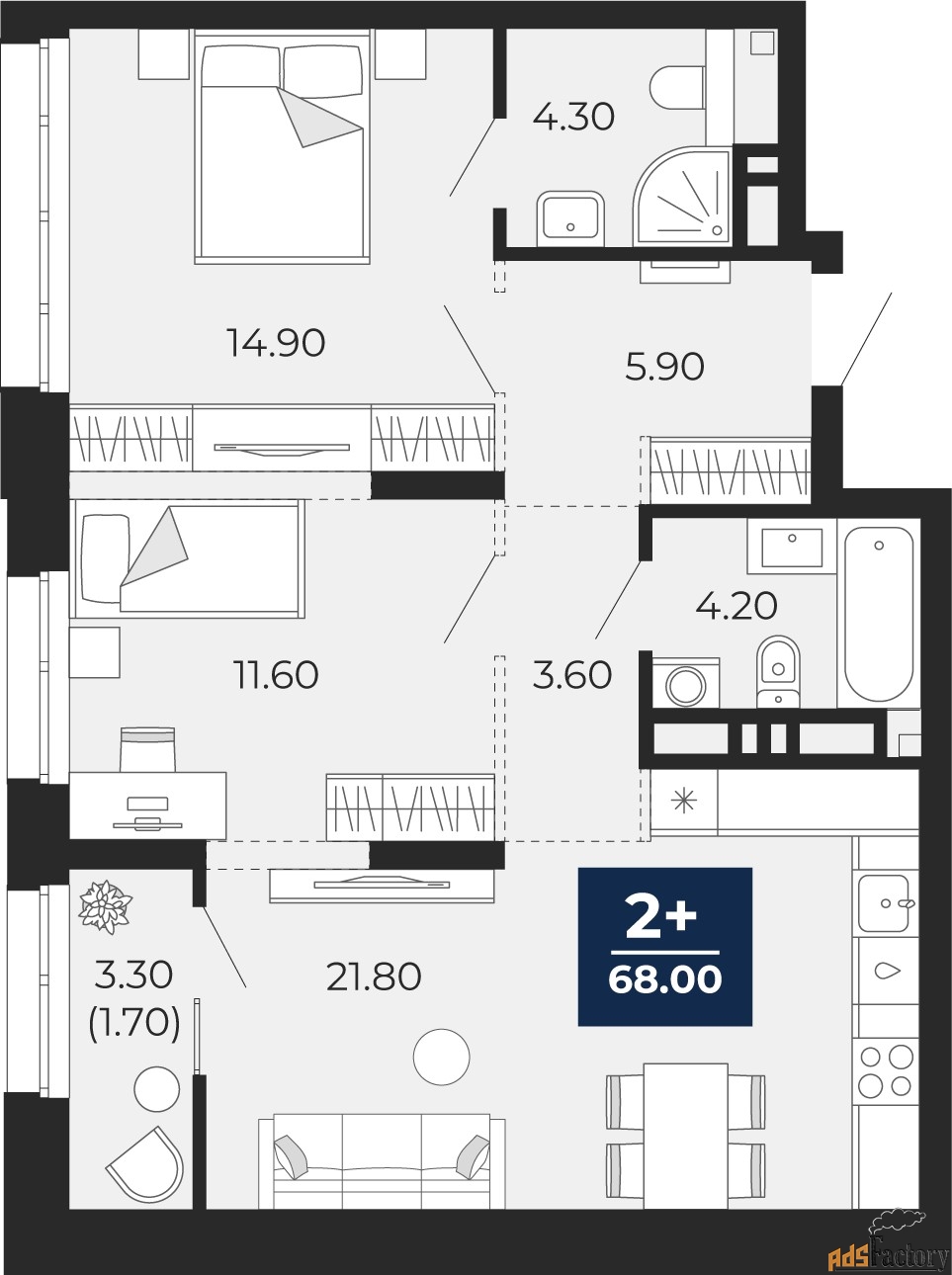 2 - комн. квартира, 68 м², 3/24 эт.