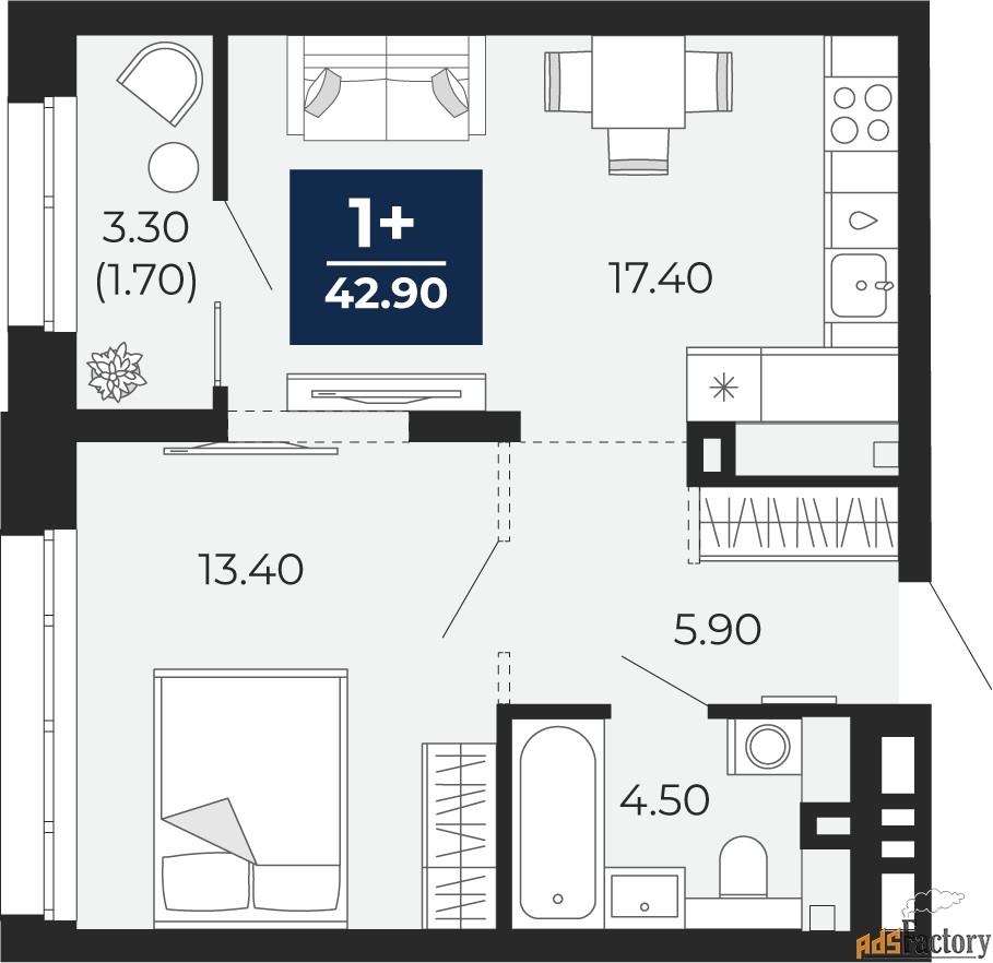 1 - комн. квартира, 42.9 м², 2/24 эт.