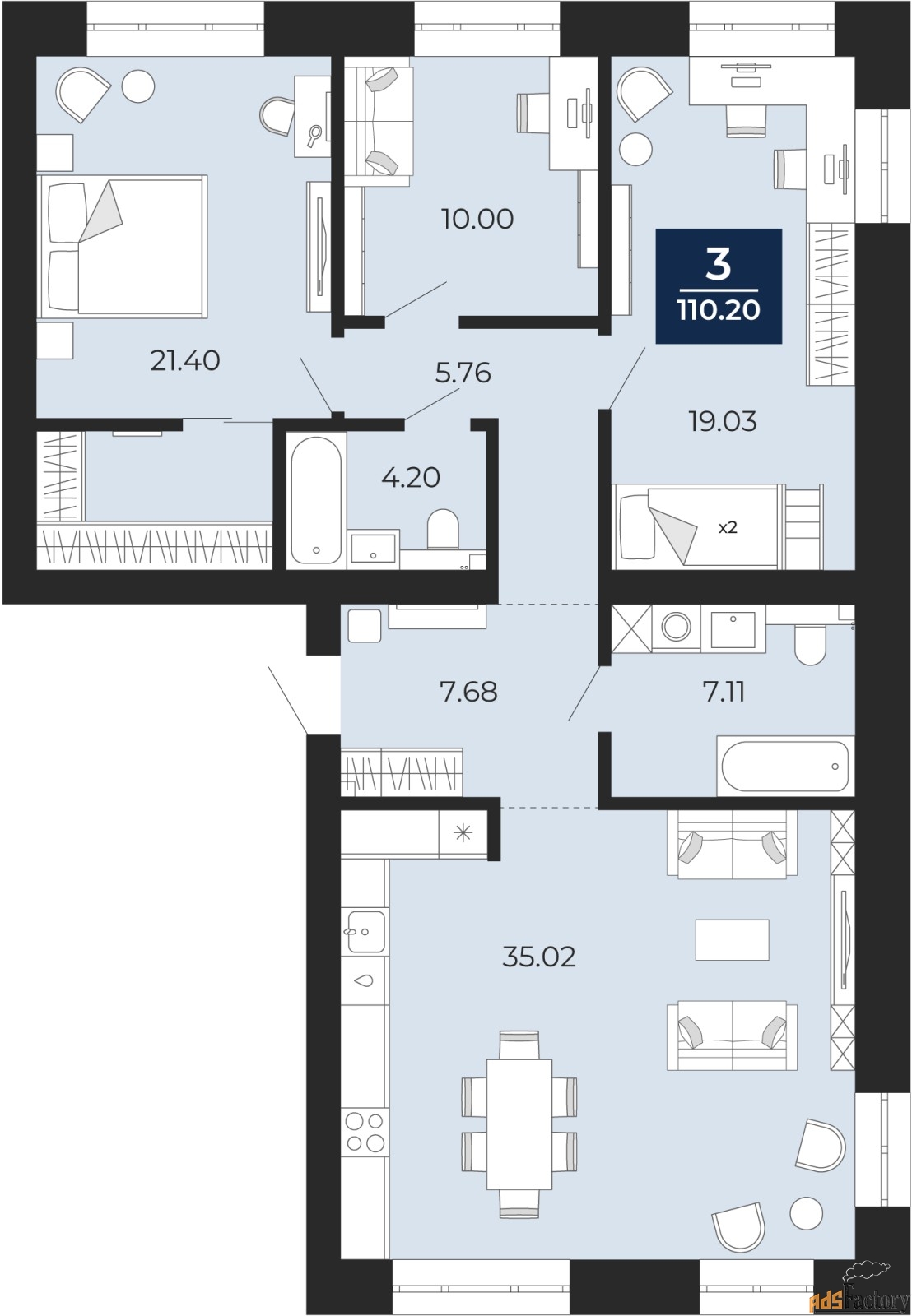 3 - комн. квартира, 110.2 м², 8/12 эт.