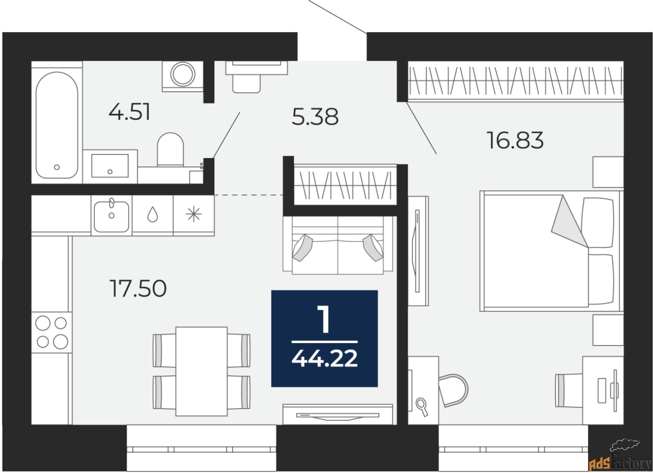 1 - комн. квартира, 44.22 м², 8/12 эт.