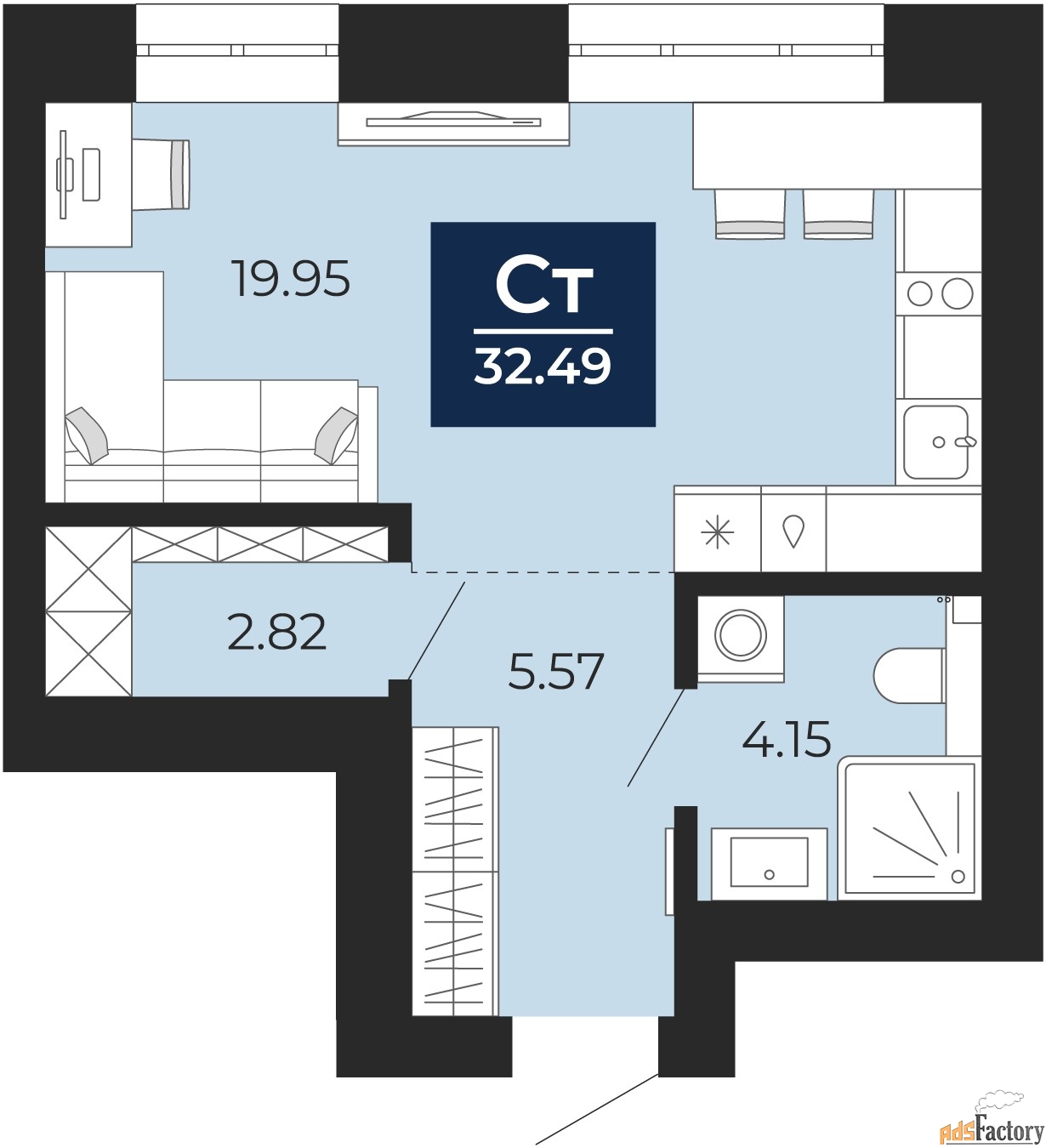 1 - комн. квартира, 32.49 м², 5/12 эт.