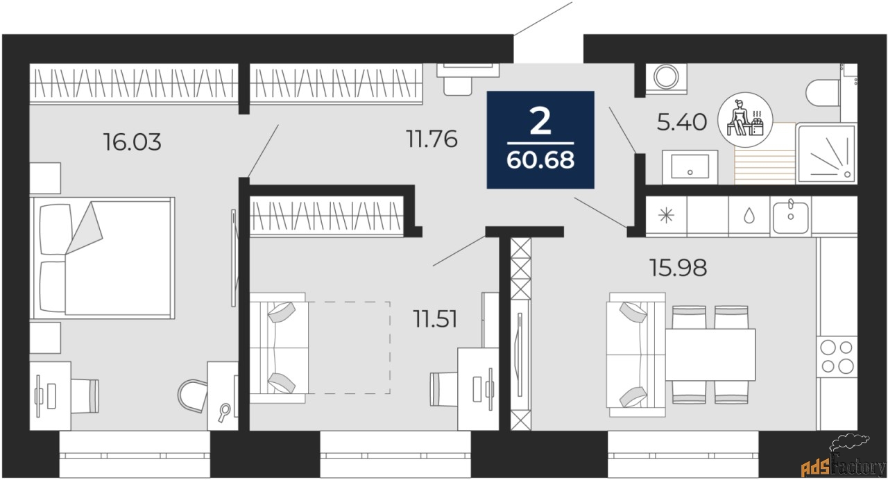 2 - комн. квартира, 60.68 м², 3/12 эт.