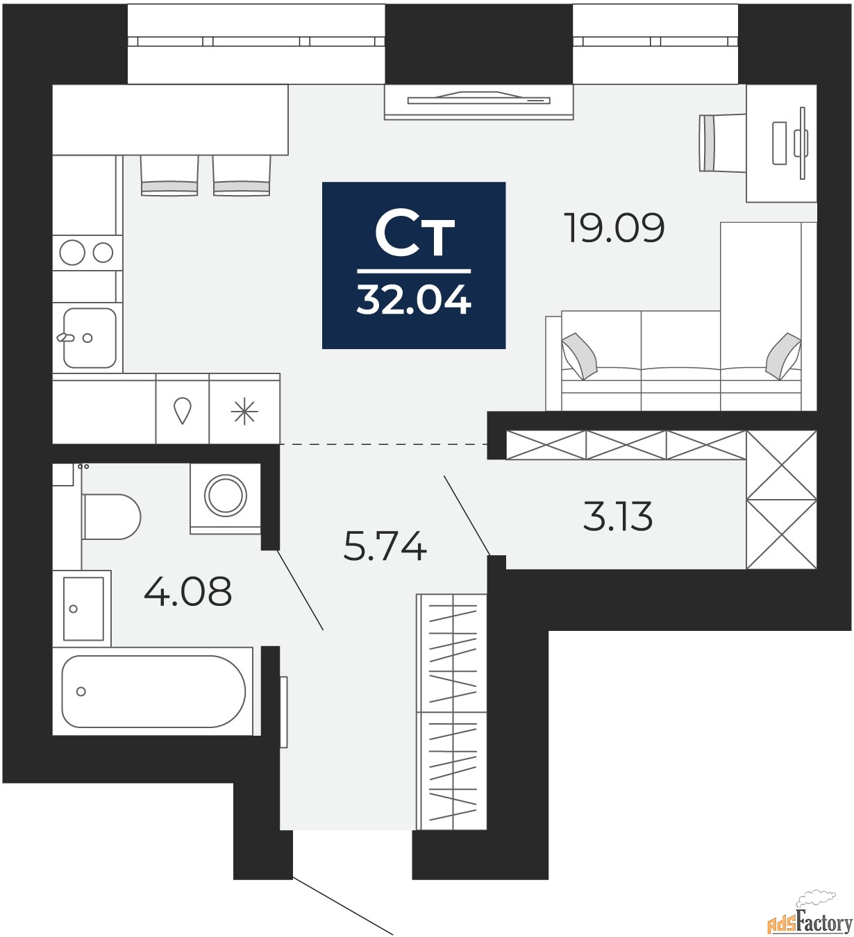 1 - комн. квартира, 32.04 м², 3/12 эт.