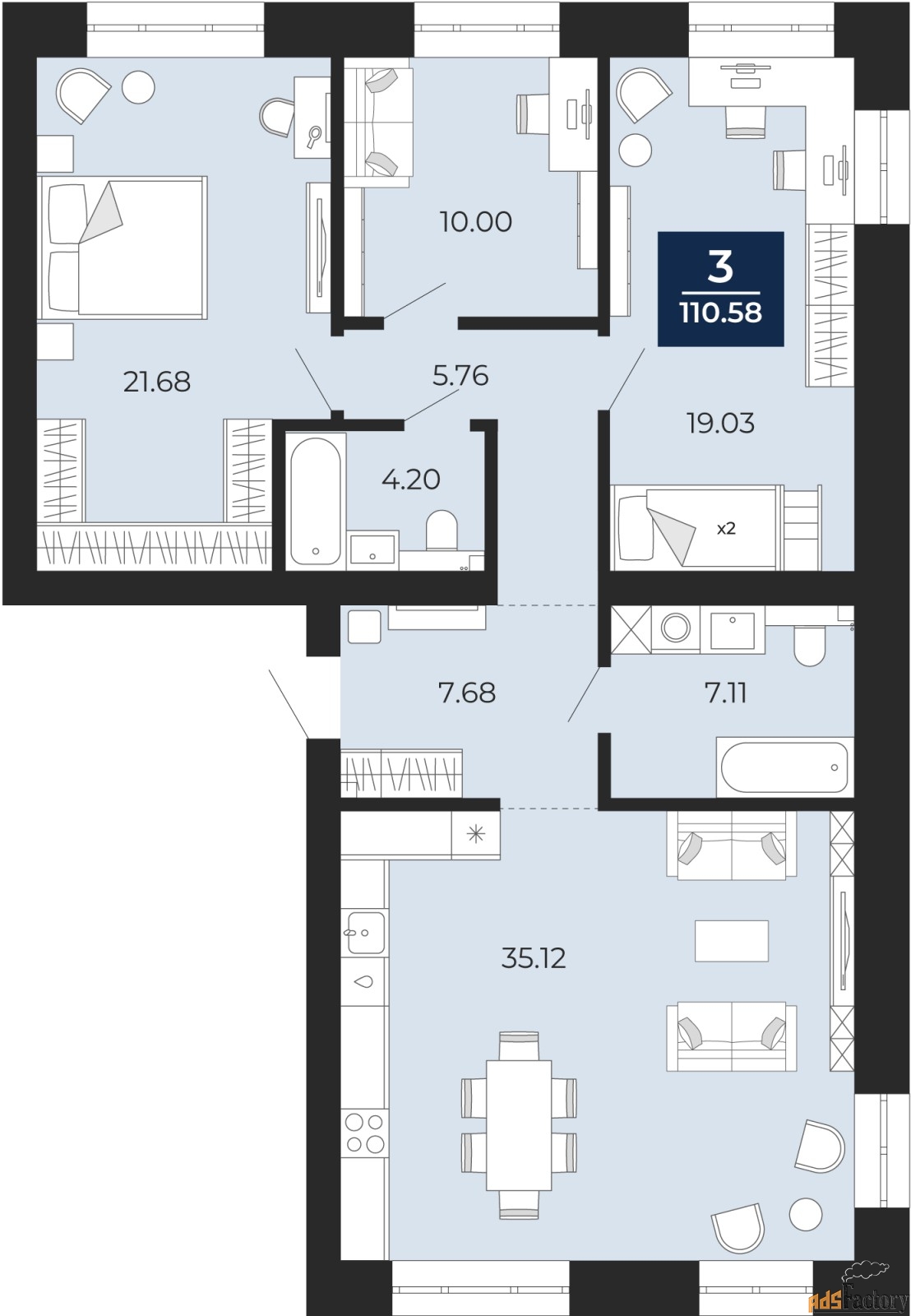 3 - комн. квартира, 110.58 м², 2/12 эт.