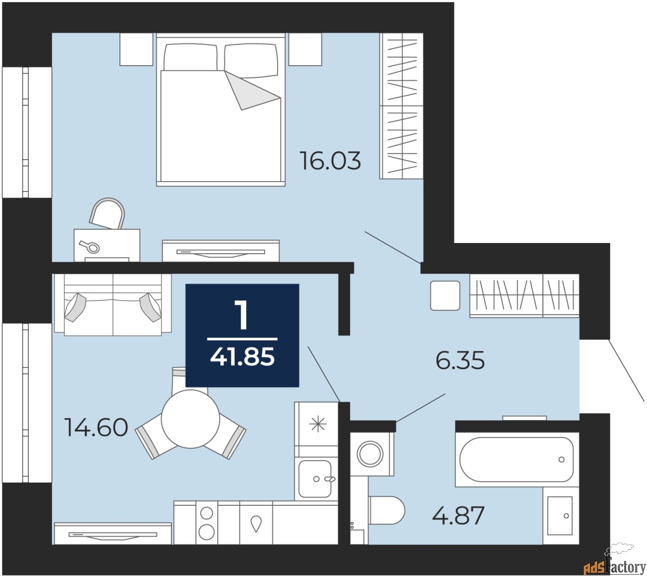 1 - комн. квартира, 41.85 м², 8/8 эт.