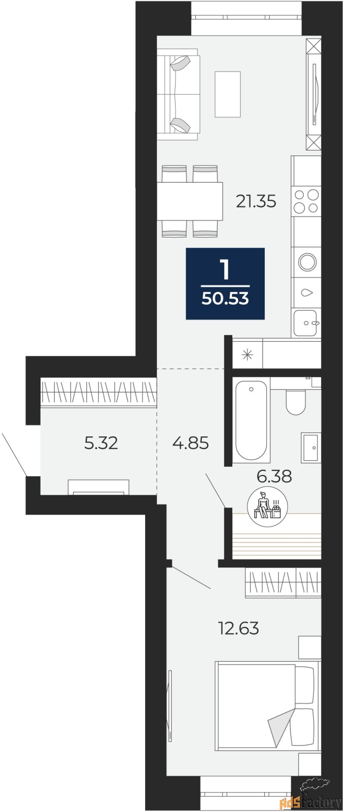 1 - комн. квартира, 50.53 м², 5/8 эт.