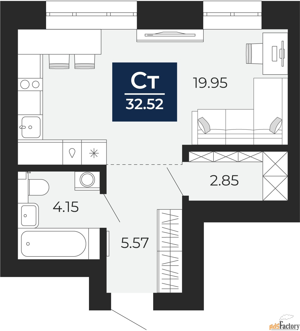 1 - комн. квартира, 32.52 м², 8/10 эт.