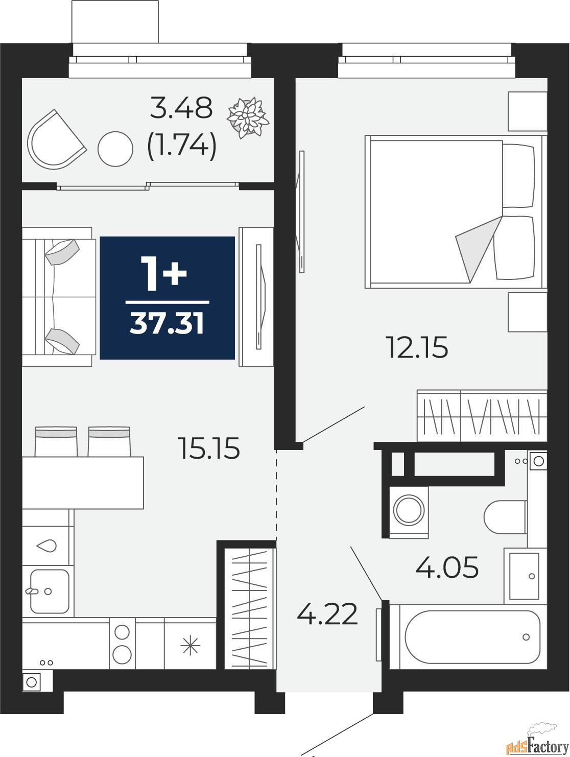 1 - комн. квартира, 37.31 м², 14/21 эт.