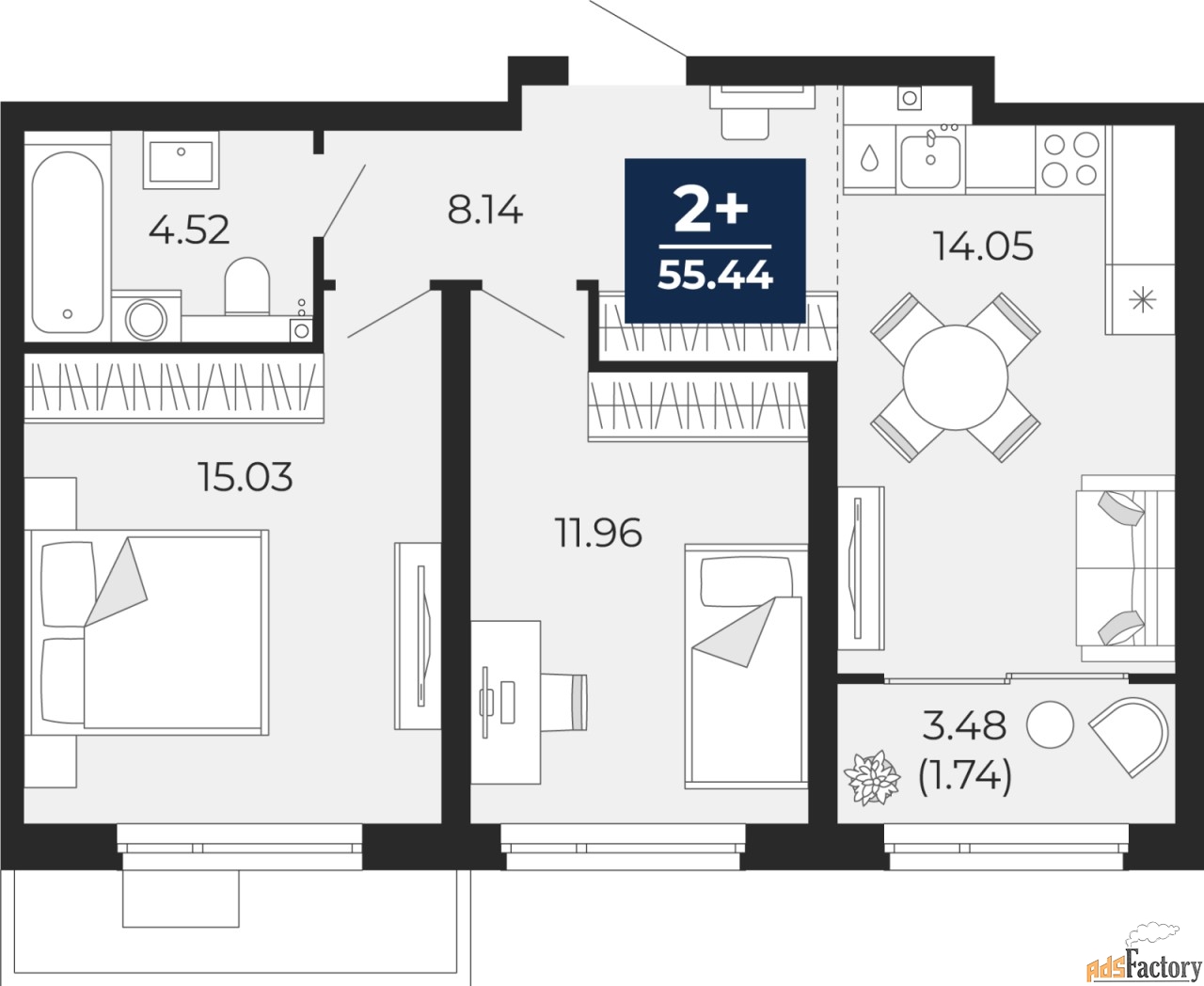 2 - комн. квартира, 55.44 м², 2/21 эт.
